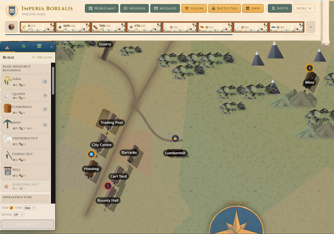 Laying out an estate: the build panel open beside farms, a trading post and roads