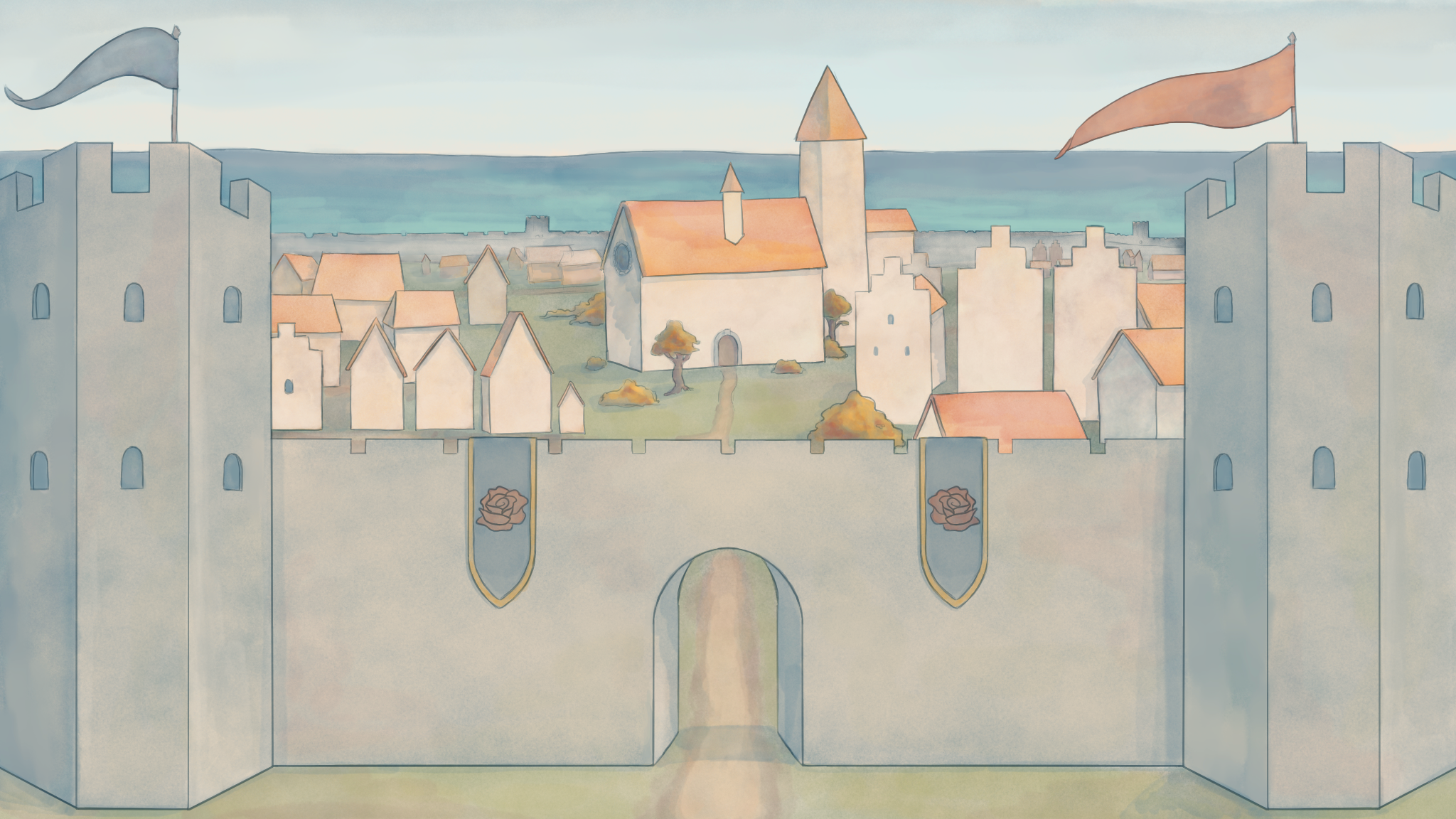 The walls of Visby, banners flying above the town beyond the gate